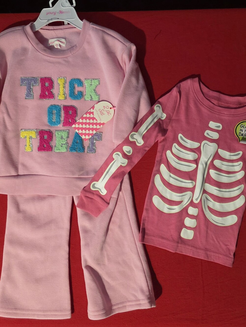 Young Hearts Pink 'Trick or Treat' Kids Matching Outfit & Glow Skeleton Shirt.